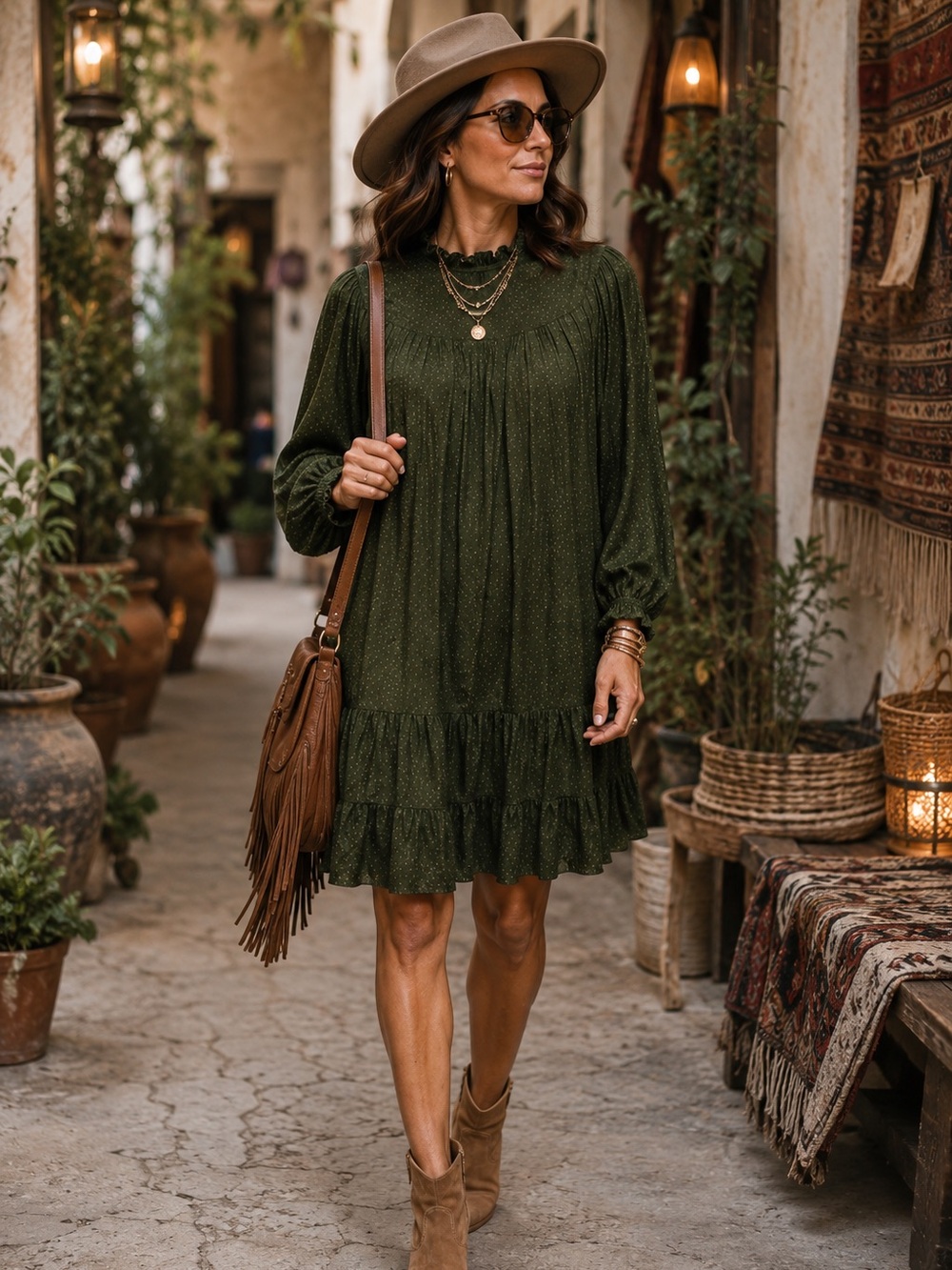LOFT Women's Olive Green Spotted Smocked Yoke Long Sleeve Tiered Swing Dress